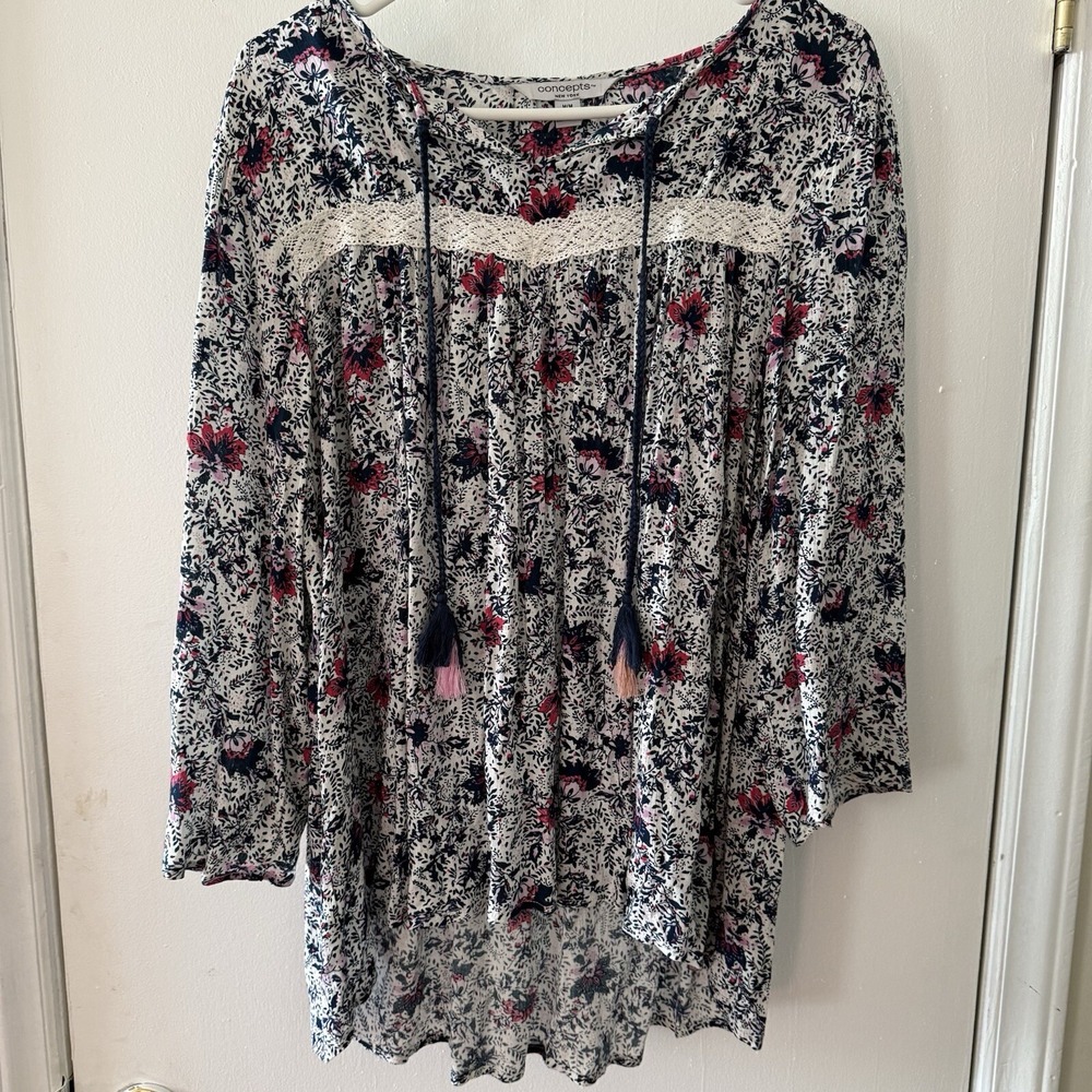 Concepts New York Women's Asymmetrical Floral Paisley Boho Tunic 3/4 Sleeves‎ M